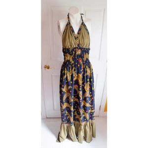 Vintage 1970's Long Paisley Print Halter Hostess Summer Dress